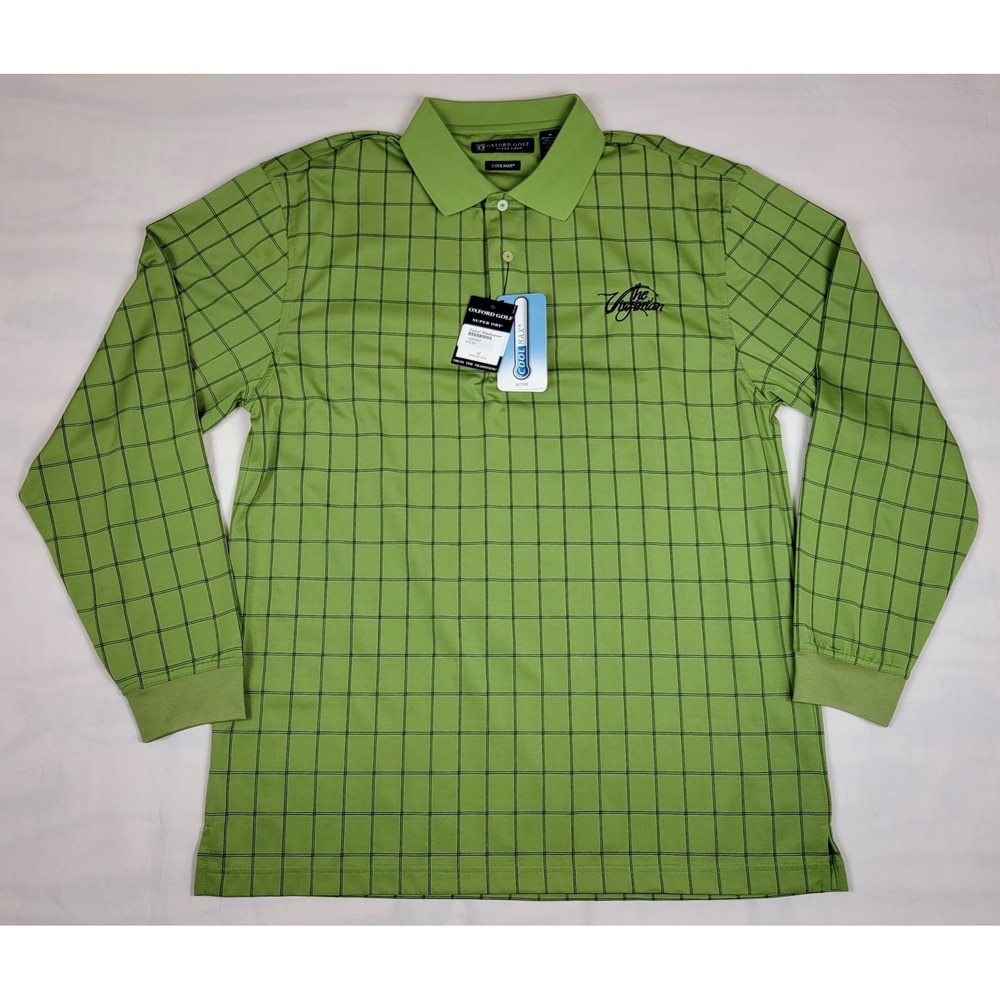 Oxford Golf Super Dry CoolMax Long Sleeve Polo Shirt Green Windowpane Mens M NEW